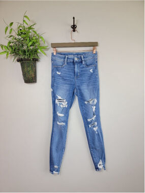 AE 4 American Eagle Skinny High Rise Jeans Distressed Jeggings Medium Wash Raw